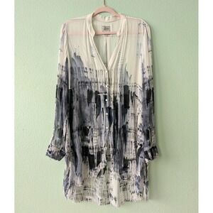 Go Silk Sheer Long Tunic Blouse Shirt 100% Silk Indigo Watercolor Art To Wear